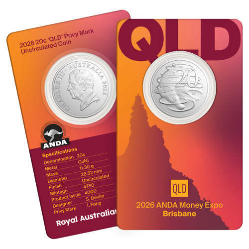 2026 20 cent Brisbane ANDA Money Expo Privy Marked State Series UNC Coin in Card - Privy Mark 'QLD'
