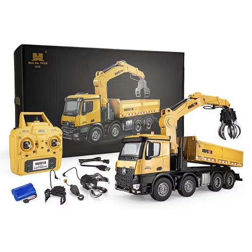 HuiNa 1538 RC Dump Truck Electric 4WD 1/14 Scale RTR with Crane - Yellow