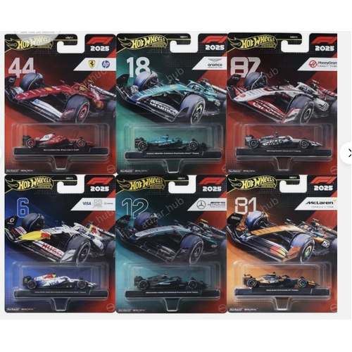 Hot Wheels 2025 F1 Formula One 1:64 Complete Set of 6 premium racing