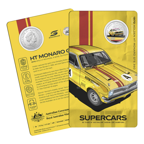 2020 50c 60 Years of Supercars - 1970 Holden HT Monaro GTS 350 - Norm Beechy Presentation Card
