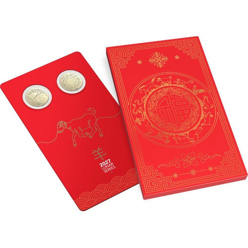 2027 $1 Lunar Series - Year of the Goat AlBr Two Coin Set 2 Coin Set in Red & Gold Card & Outer Sleeve