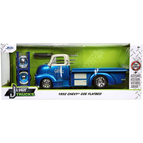 Just Trucks - Blue 1952 Chevrolet Coe Flatbed with Tyre Rack 1/24th Scale Die-Cast Vehicle Replica